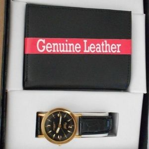 Vintage Watch & Leather Tri-fold Wallet Set